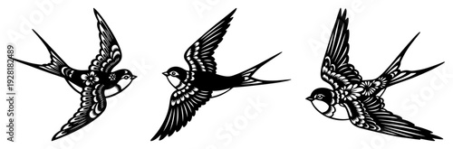 Three flying swallow birds with intricate wings in traditional folk and tattoo inspired style