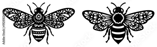 Detailed honey bee illustrations with ornate folk art wing patterns