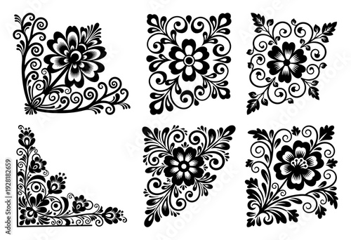 Set of ornate floral corner ornaments in traditional Slavic folk embroidery style