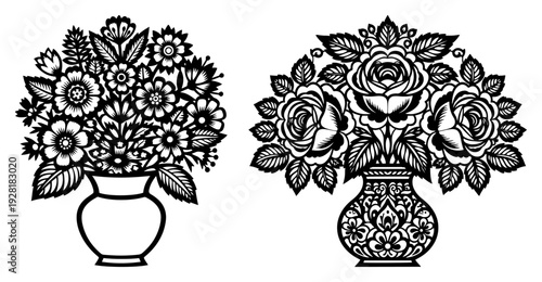 Two beautiful bouquets of flowers in decorative vases featuring intricate Slavic folk patterns