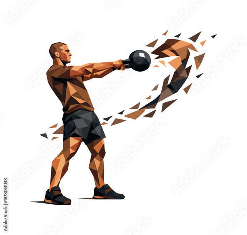 Low-poly vector illustration of an athlete at the apex of a kettlebell swing, full-body figure with sharply faceted anatomy and