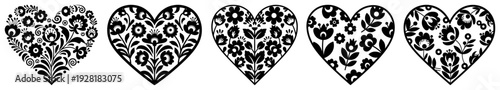 Collection of five decorative hearts filled with dense floral patterns in traditional Slavic folk style