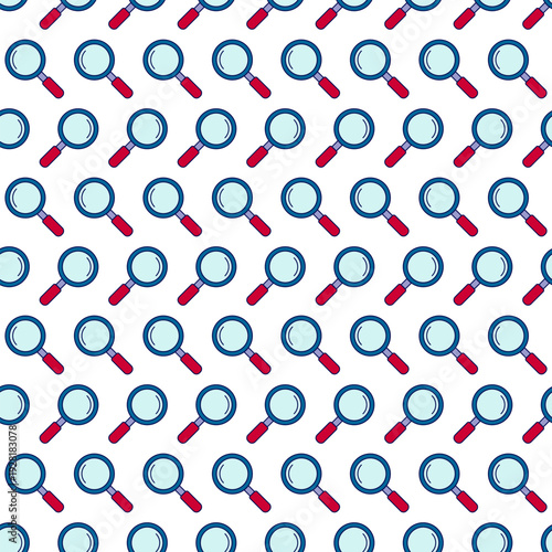 Magnifying glass pattern of vibrant colored icons. Loupe seamless repeating background. Vector illustration.
