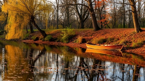 Wallpaper Mural Serene Autumn Lake with Wooden Boat and Golden Reflections. Torontodigital.ca