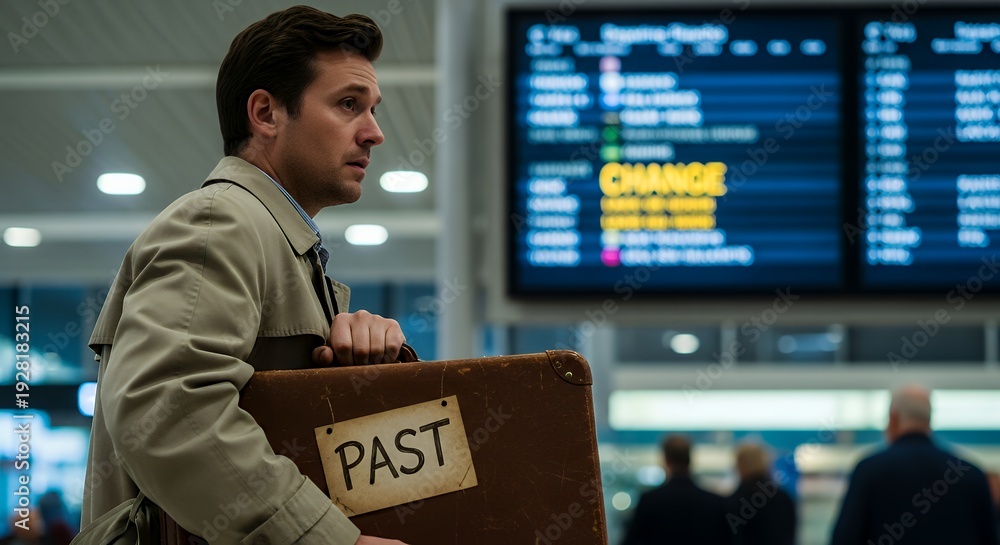 Fototapeta premium Man clutching worn suitcase labeled past while airport departure board flashes change emotional hesitation moment cinematic travel concept sharp clarity