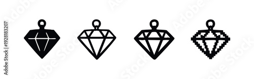 Simple diamond gemstone icon collection: solid, outline, sketchy, and pixelated for luxury, wealth, and elegance