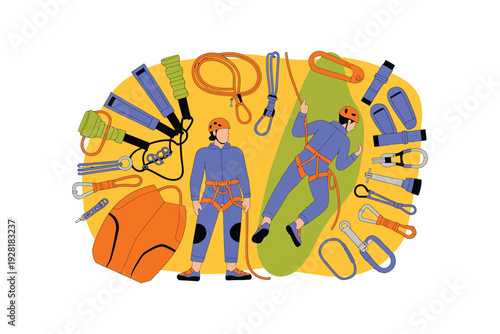 Climbing equipment illustration with climbers and safety gear
