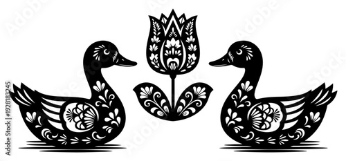 Symmetrical folk art illustration featuring two ducks and a central ornamental flower
