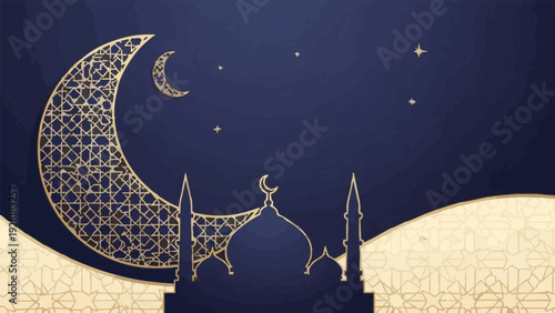 Virtual reality mosque illustration with crescent moon and stars on a dark blue background with gold details