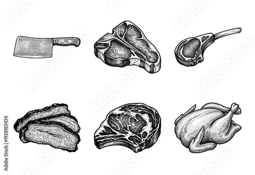 Vintage engraving set of various meat cuts, butchery tools, and whole poultry in a detailed black and white woodcut style.