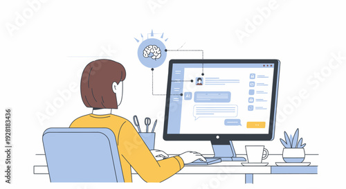 Woman working on desktop computer with user interface on screen