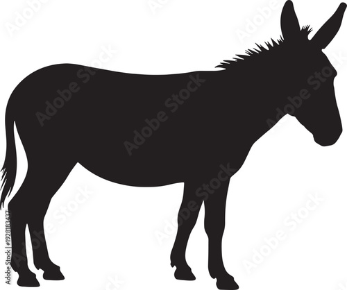 Black silhouette of a donkey standing on a white background animal