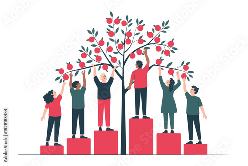 A diverse group of people harvesting apples from a tree together