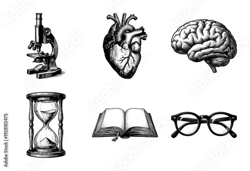 Set of vintage woodcut style medical and academic illustrations featuring human heart, brain, microscope, hourglass, open book, and eyeglasses on white.