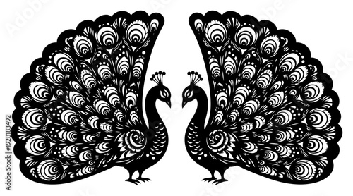 Two majestic peacocks with elaborate ornamental tails in traditional Slavic folk art style
