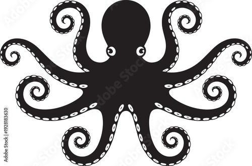 Black silhouette of an octopus with white suction cups and swirling tentacles