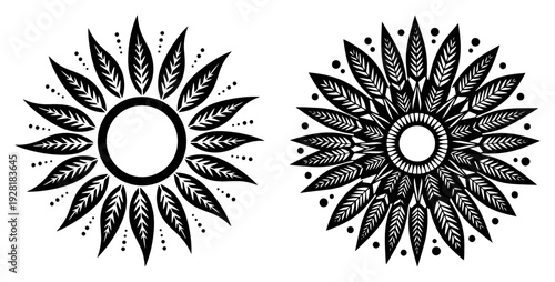 Two decorative circular sun motifs with leaf shaped petals in traditional folk style