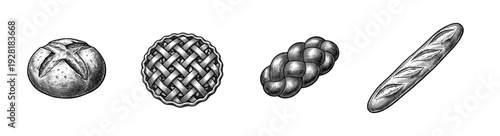 Set of vintage engraved bakery products featuring a sourdough boule, lattice fruit pie, braided challah bread, and a classic french baguette.