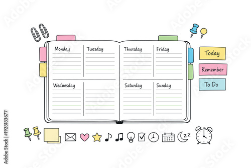 Open weekly planner spread, tabbed notebook pages, paper clips and sticky notes, small reminder icons for Minimalist bullet