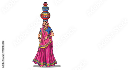 A vibrant illustration depicts an indian woman balancing a decorated pot on her head a striking silhouette high quality professional detailed