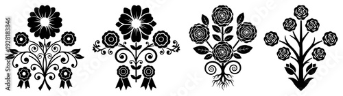 Collection of symmetrical floral tree of life ornaments in Slavic folk art style