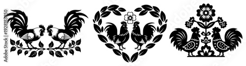 Set of decorative rooster compositions including a floral heart in traditional Polish folk style