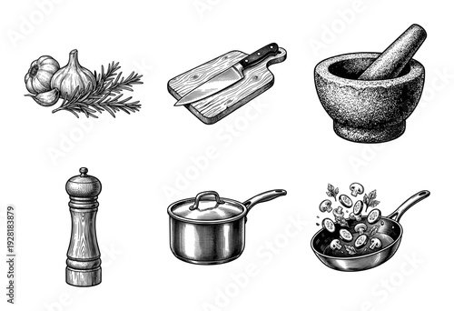 Vintage style hand drawn kitchen tools and cooking ingredients collection featuring woodcut engraving illustrations