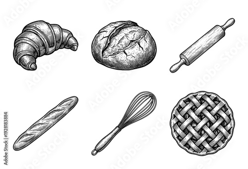 Vintage hand drawn bakery and pastry collection featuring bread, croissant, baguette, pie, rolling pin, and whisk in an engraved woodcut style.