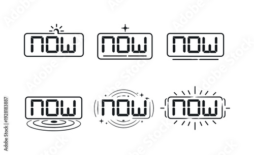 Line vector icons of digital clock showing only “now” (perpetual now-display): digital screen, centered bright unit, micro-flash