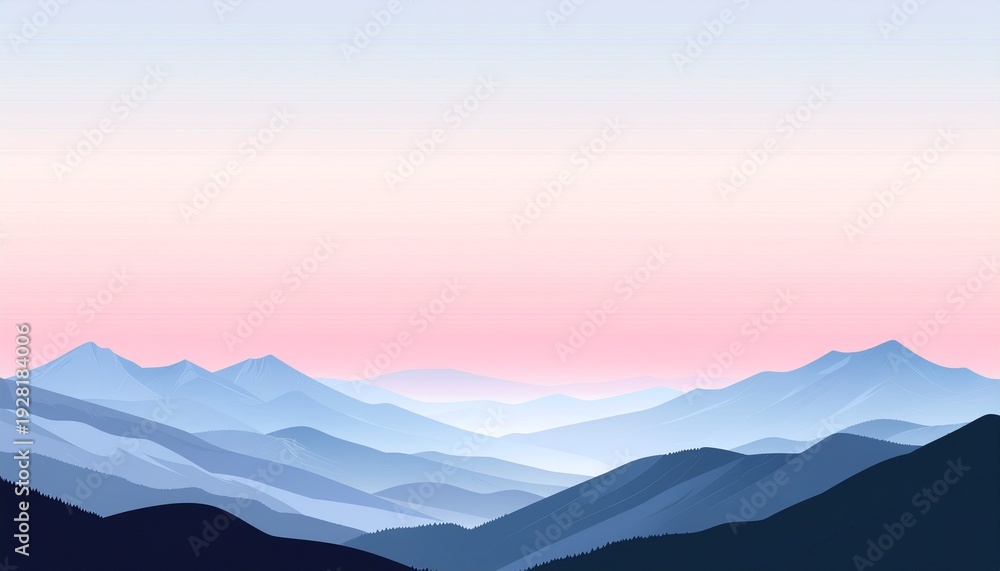 Fototapeta premium Serene mountain range landscape with pink and blue hues at dawn or dusk