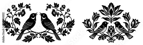 Pair of decorative bird and floral compositions in traditional Slavic embroidery style