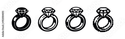 Diamond Engagement Ring Icons Set with Pixel Art Style