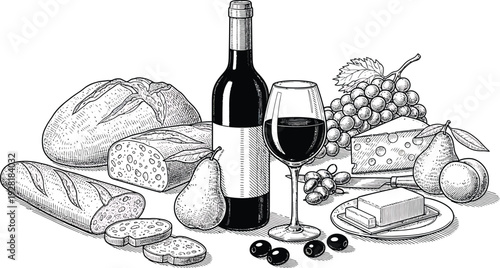Wine Bottle and Glass with Bread Cheese Fruits