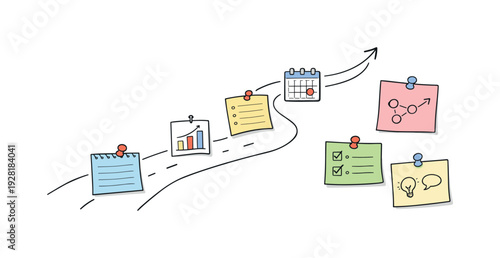 Milestone roadmap path, notebook strips as checkpoints, mini chart and calendar icons, pinned sticky notes for Collaboration