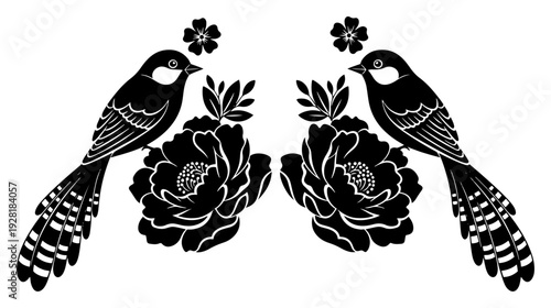 Symmetrical pair of birds perched on large blooming peonies in traditional Polish folk style