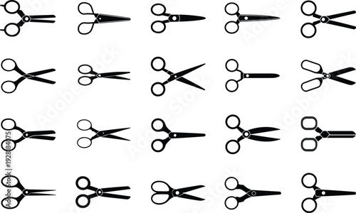 Collection of black and white scissors in various shapes and orientations on a white background cutting tools