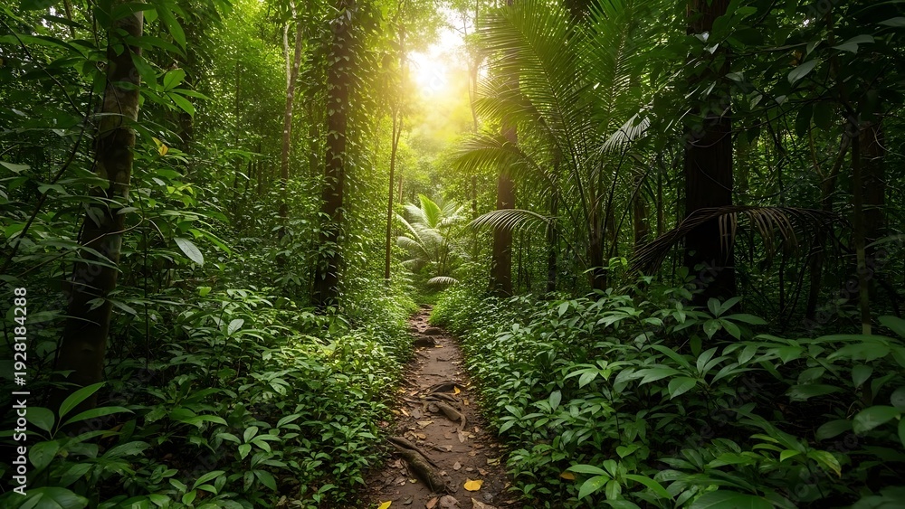 Obraz premium Sunlight filters through lush green rainforest canopy onto a jungle path.