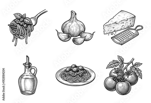 Vintage woodcut style illustration set featuring pasta, garlic, parmesan cheese, olive oil, and vine tomatoes.