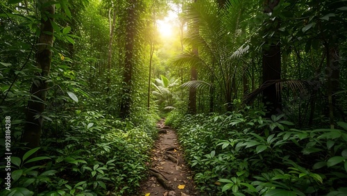 Wallpaper Mural Sunlight filters through lush green rainforest canopy onto a jungle path. Torontodigital.ca
