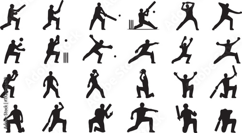 Cricket Player Silhouettes Set Various Poses and Actions Cricket Player Action Silhouette Icon Set