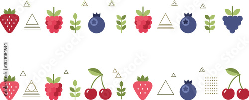 Berry fruit decorative border set with strawberry raspberry blueberry and cherry flat elements for summer food packaging and healthy diet design.