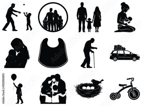Silhouettes of Family and Parenting Activities on White Background