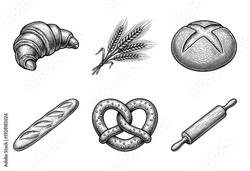Vintage style engraving collection of bakery items including croissant baguette pretzel round bread wheat stalks and rolling pin
