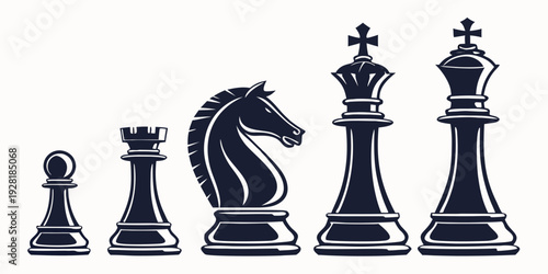A collection of chess pieces arranged in a row, showcasing the king, queen, rook, bishop, knight, and pawn. Vector