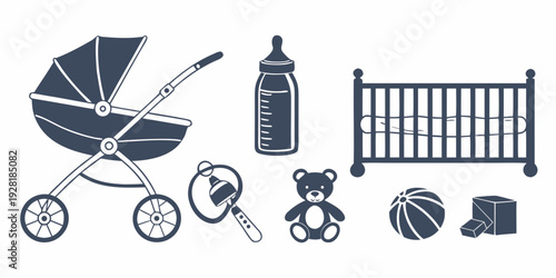 Collection of baby items including stroller, crib, toys, and feeding bottles Vector