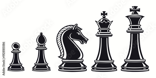 Chess pieces arranged in ascending order from pawn to queen on a black and white board Vector