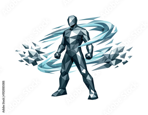 Futuristic Wind Formation. Low-poly vector illustration of a storm wind push in the setup phase, faceted figure standing upright