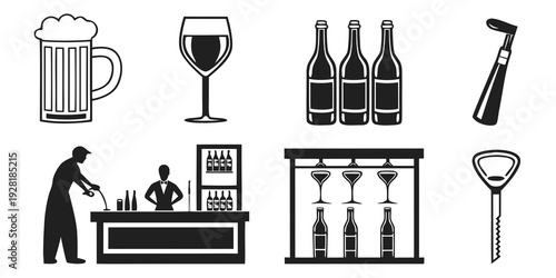 A bustling bar scene with various drinks and a bartender serving customers Vector