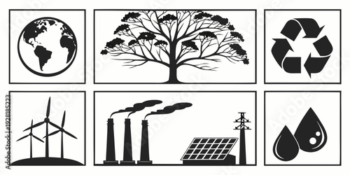 Icons representing various aspects of environmental sustainability and renewable energy Vector