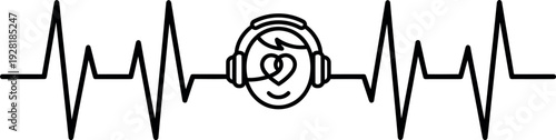 A stylized illustration of a heartbeat with a headphone icon in the center.